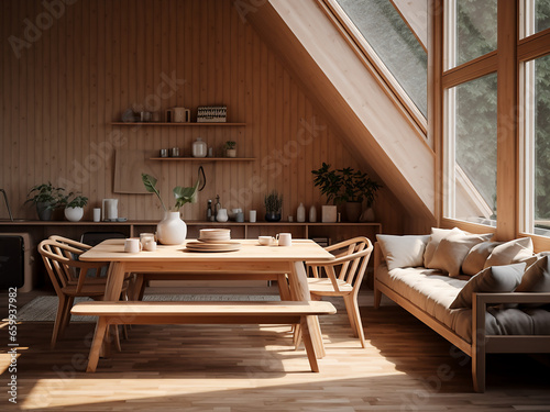 Warm, wood-themed apartment interior with tasteful room decor. AI Generation. © Llama-World-studio
