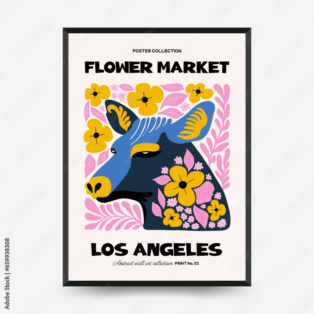 Fototapeta premium Abstract floral and animal posters template. Modern trendy Matisse minimal style.Kids and Child wall art. Hand drawn design for wallpaper, wall decor, print, postcard, cover, template, banner.