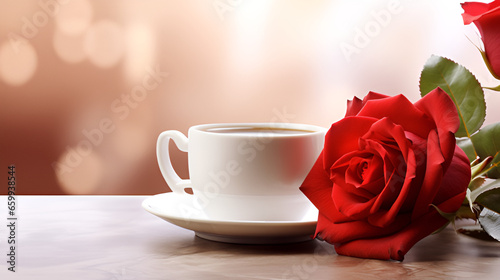 Black Coffee and a Red Rose on a White Table - A Valentine's Morning Coffee, Roses, and Romantic background generative ai