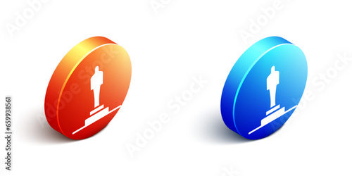Isometric 3D printer model icon isolated on white background. 3d printing. Orange and blue circle button. Vector