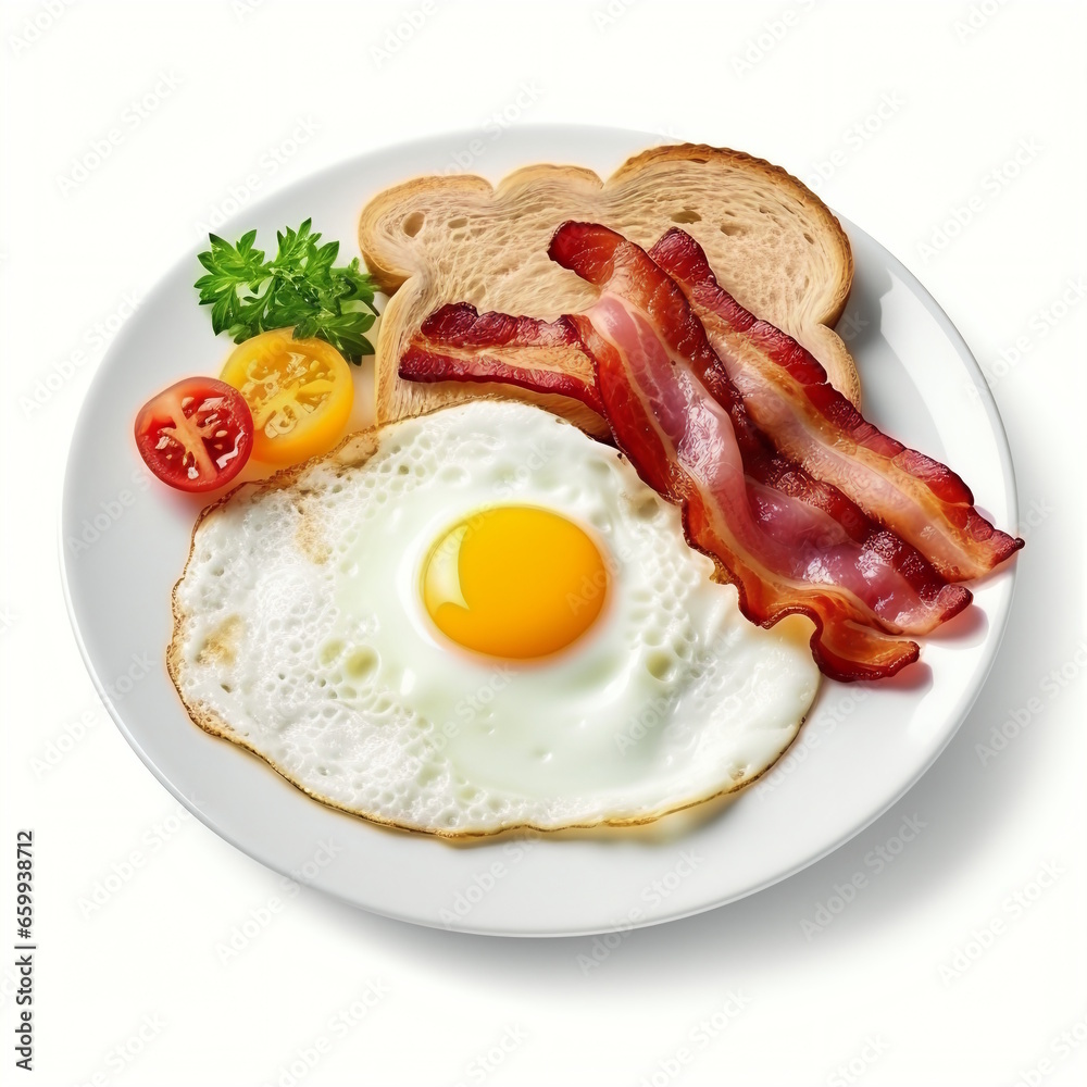 Breakfast Menu: Bacon, Fried Egg, and Bread on Plate Breakfast Menu: Bacon, Fried Egg, and Bread on Plate