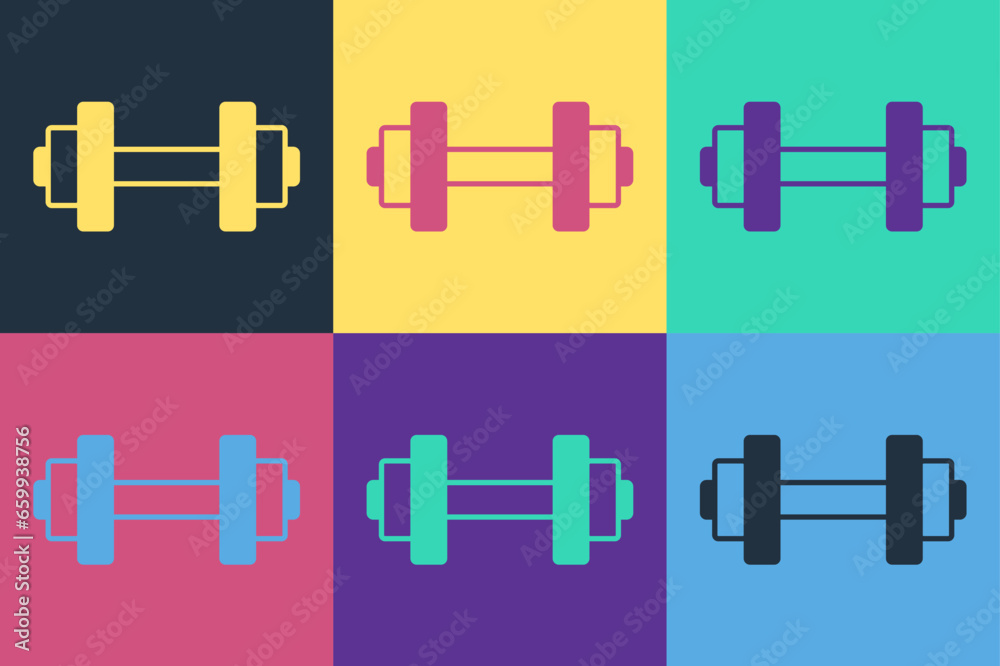 Obraz premium Pop art Dumbbell icon isolated on color background. Muscle lifting, fitness barbell, sports equipment. Vector