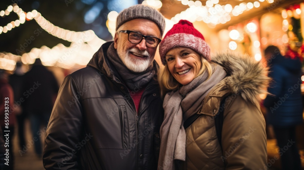 Ai Generated illustration. Cheerful mature, elderly couple, man and woman looking at camera and smiling against backdrop of Christmas fair lights holding hands on street.