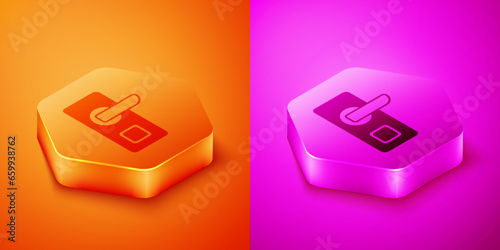 Isometric Digital door lock with wireless technology for unlock icon isolated on orange and pink background. Door handle sign. Security smart home. Hexagon button. Vector