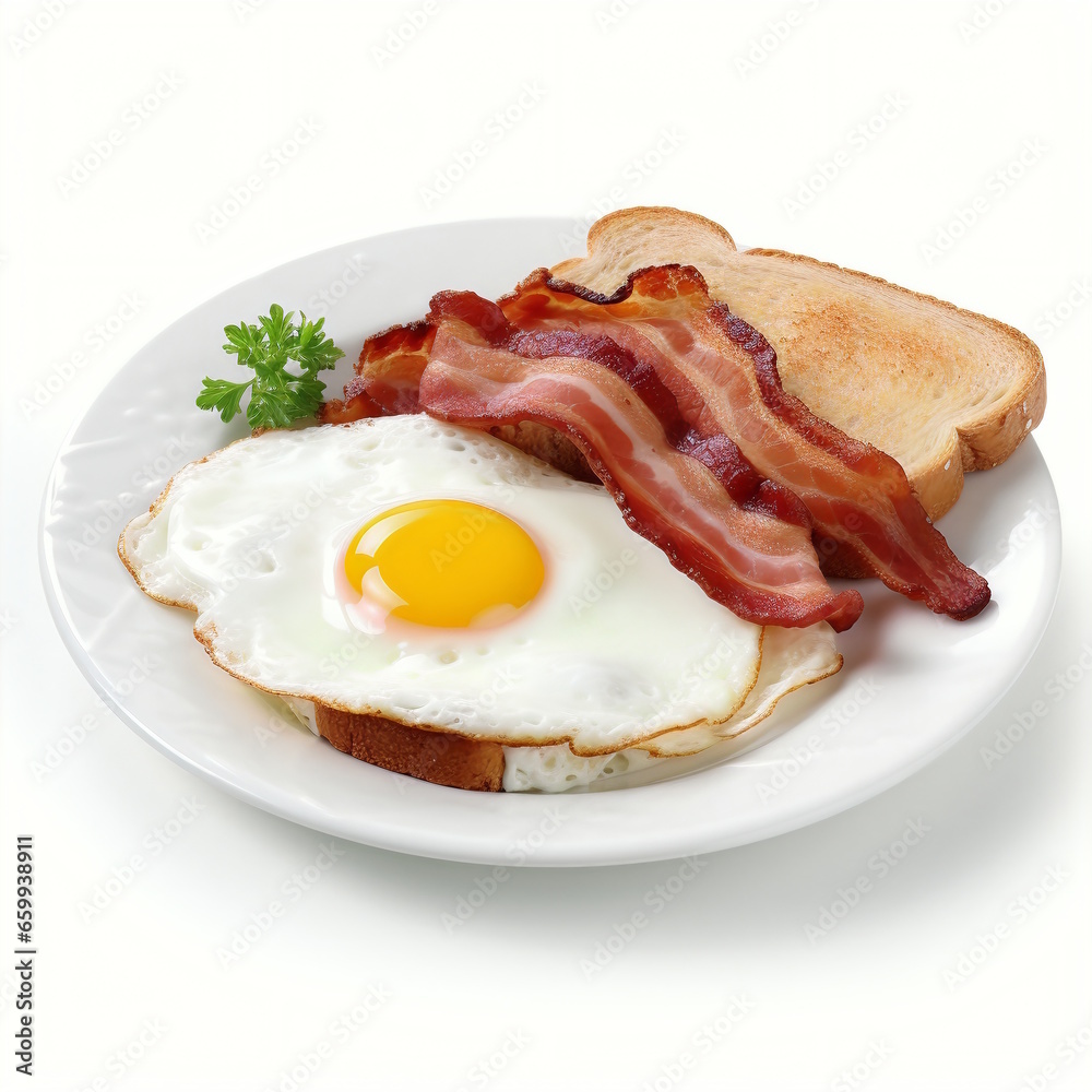 Breakfast Menu: Bacon, Fried Egg, and Bread on Plate Breakfast Menu: Bacon, Fried Egg, and Bread on Plate
