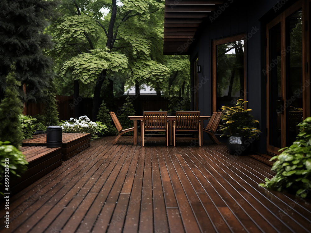Enjoy the warmth of a dark wood backyard exterior, AI Generation.