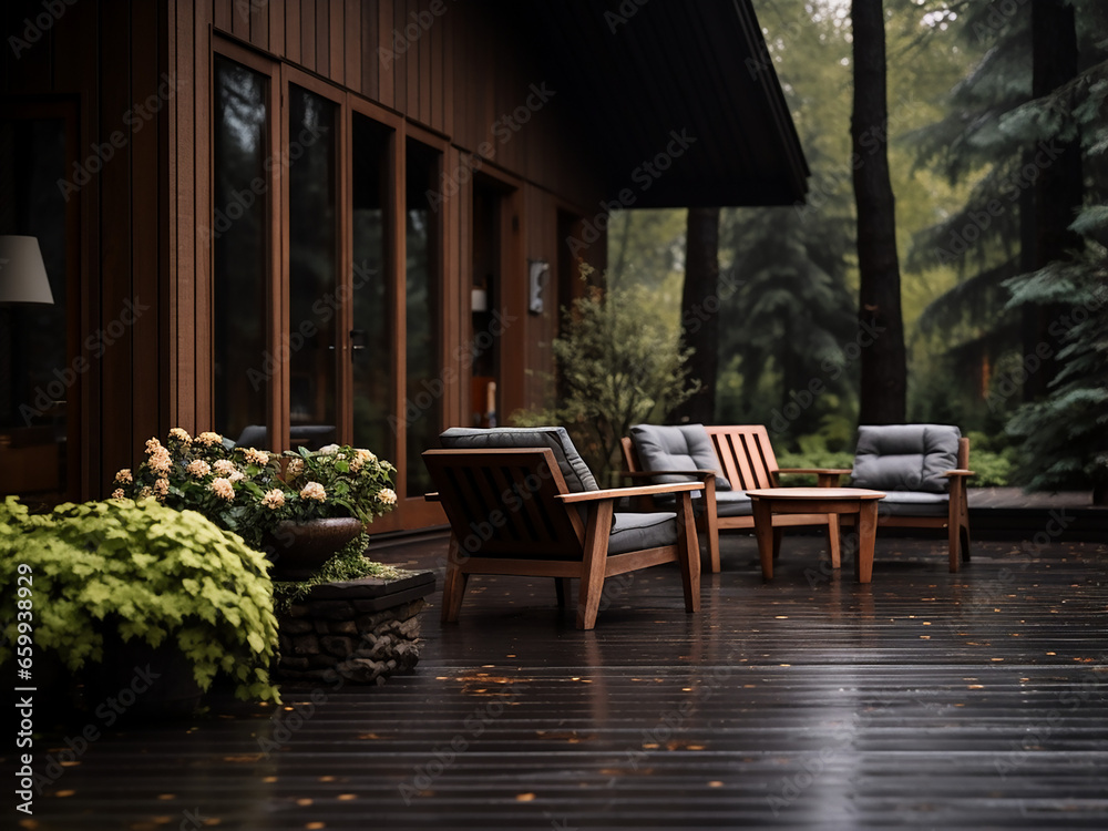 Admire the elegant dark wood backyard exterior, AI Generation.