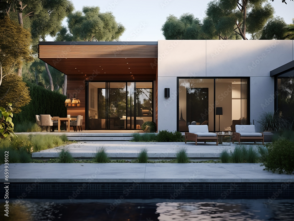 Unwind in the serenity of a modern backyard exterior. AI Generation.