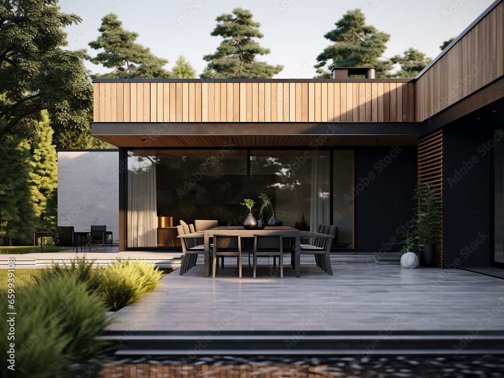 Modern backyard exterior - a serene place to call home. AI Generation. Modern backyard exterior - a serene place to call home. AI Generation.