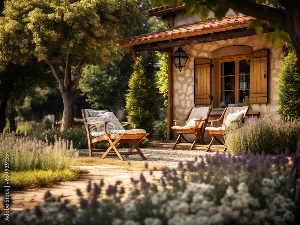 Obraz premium Quaint Provence backyard exterior, inviting house. AI Generation.