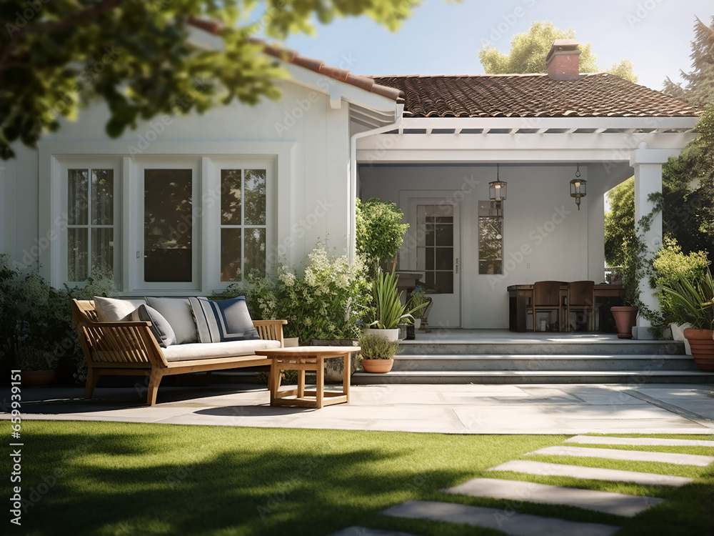 White exterior of a charming home in a tranquil backyard. AI Generation.