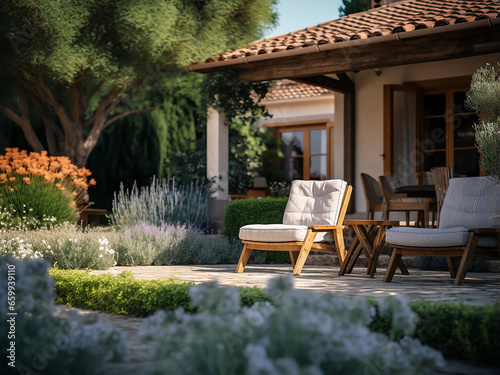 Serene Provence backyard exterior, charming home. AI Generation.