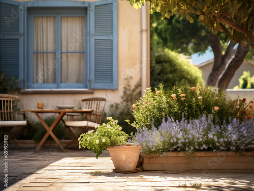 Idyllic Provence backyard exterior, cozy place. AI Generation.