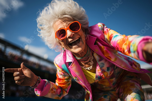 Carefree positive dancing pensioner wear trendy colourful outfit. Youthful smiling and stylish senior old woman with extravagant clothes and sunglasses. LGBTQ people and lifestyle concept. photo