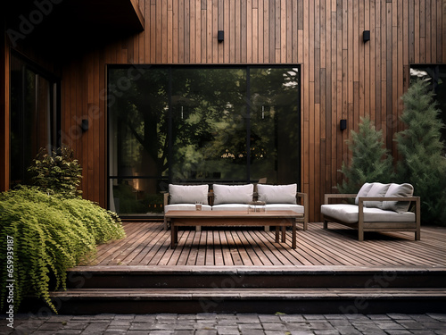 Natural wood backyard exterior, an idyllic home retreat. AI Generation.