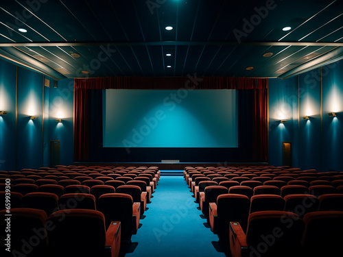 Enjoy movies in a captivating blue cinema room. AI Generation.