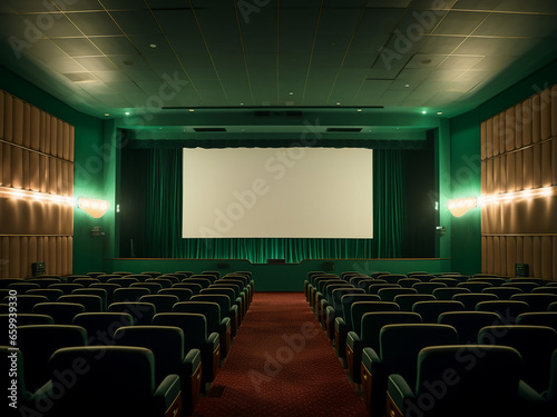 Luxurious green cinema room with modern interior. AI Generation.