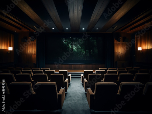 Spacious wood cinema room adorned with stylish furniture. AI Generation.