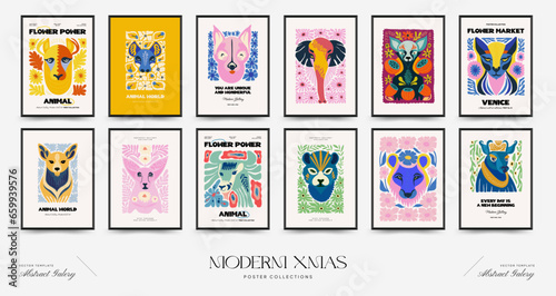 Abstract floral and animal posters template. Modern trendy Matisse minimal style.Kids and Child wall art. Hand drawn design for wallpaper, wall decor, print, postcard, cover, template, banner.