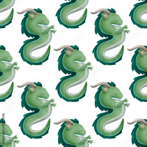 green asian dragon symbol of 2024 year. Chinese traditional cartoon character. Monster. Seamless pattern  endless design