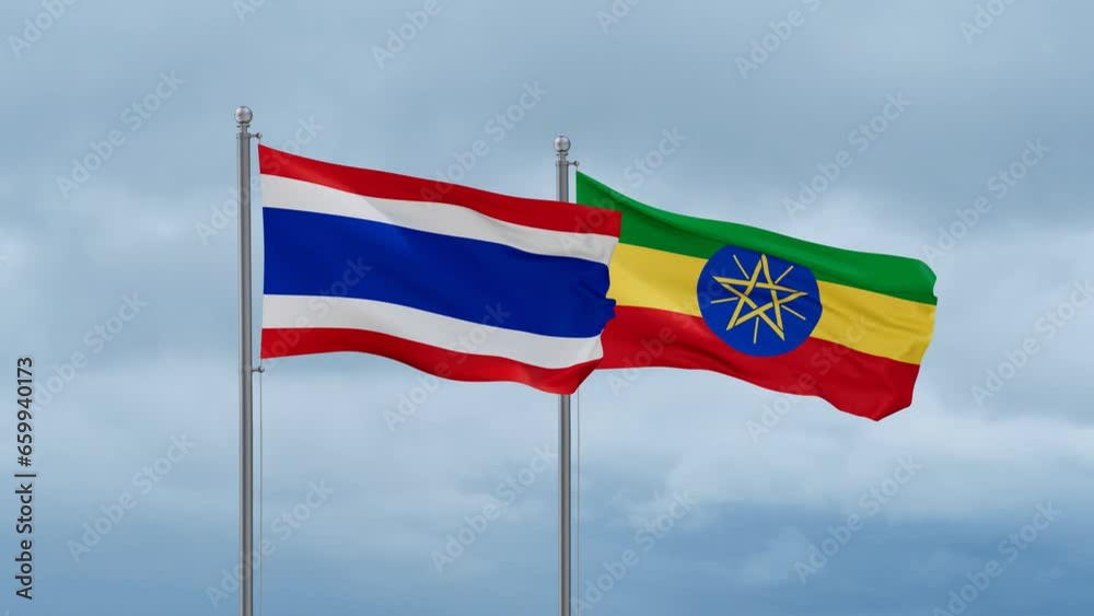 Ethiopia flag and Thailand flag waving together on cloudy sky, endless seamless loop, two country relations concept Ethiopia flag and Thailand flag waving together on cloudy sky, endless seamless loop, two country relations concept