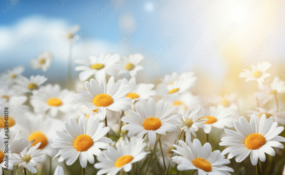 Daisy blooms in a field. Blue sky with clouds in background. Daisy blooms in a field. Blue sky with clouds in background.