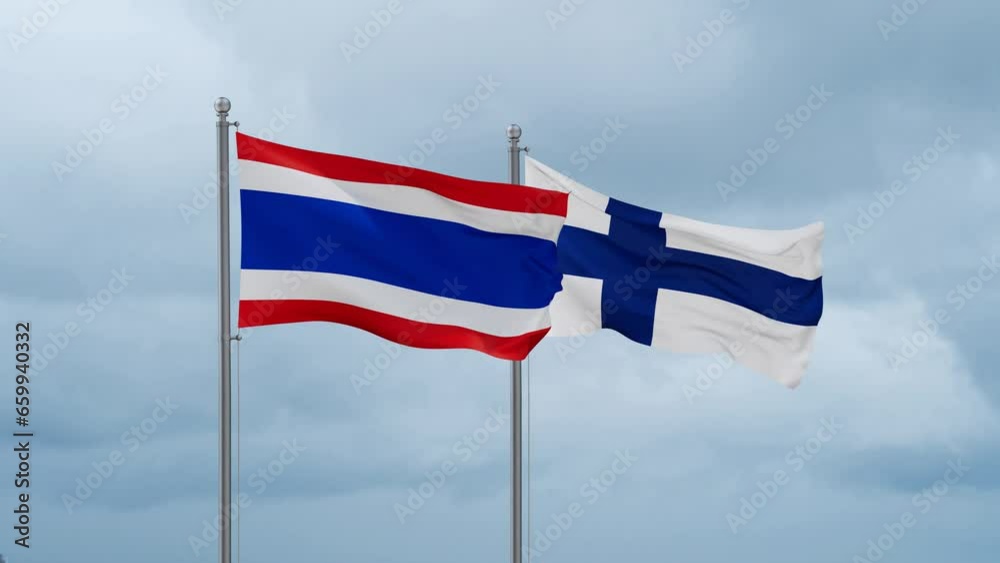 Finland flag and Thailand flag waving together on cloudy sky, endless seamless loop, two country relations concept Finland flag and Thailand flag waving together on cloudy sky, endless seamless loop, two country relations concept
