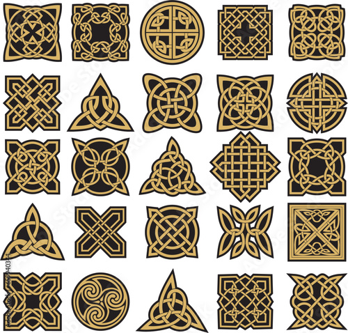Vector set of golden celtic knots. Ornament of ancient European peoples. The sign and symbol of the Irish, Scots, Britons, Franks.
