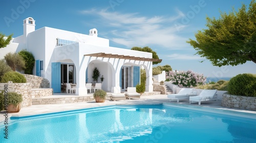 Exterior of amazing modern minimalist cubic villa with large swimming pool among palm trees © LELISAT
