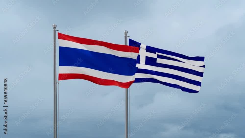 Greece flag and Thailand flag waving together on cloudy sky, endless seamless loop, two country relations concept Greece flag and Thailand flag waving together on cloudy sky, endless seamless loop, two country relations concept