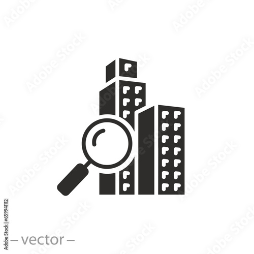 city building with magnifier icon, local government research, thin line symbol on white background - vector illustration