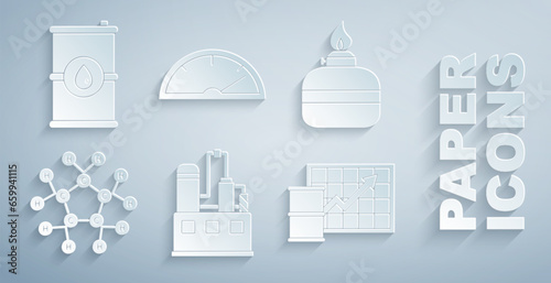 Set Oil industrial factory building, Alcohol spirit burner, Molecule oil, price increase, Speedometer and Barrel icon. Vector