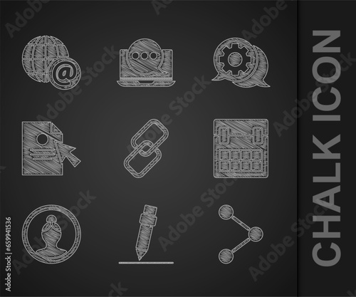 Set Chain link, Pencil with eraser, Share, Calendar, Create account screen, Document and cursor, Speech bubble chat and Earth globe mail icon. Vector