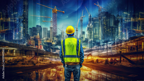 Urban construction double exposition. Architect man on skyscrapers construction background. civil engineer. Construction engineer silhouette. Man and new city