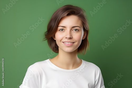 Portrait of a Beautiful Fictional Smiling Model Posing Isolated on a Plain Colored Background. Generative AI.