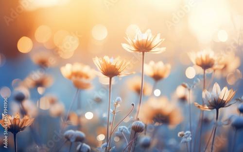 Daisy blooms in a field. Sunset and sunrise over meadow.