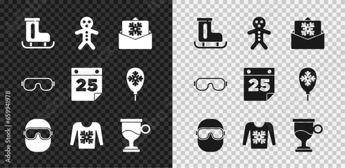 Set Figure skates, Holiday gingerbread man cookie, Christmas postcard, Ski goggles, sweater, Mulled wine, and Calendar icon. Vector