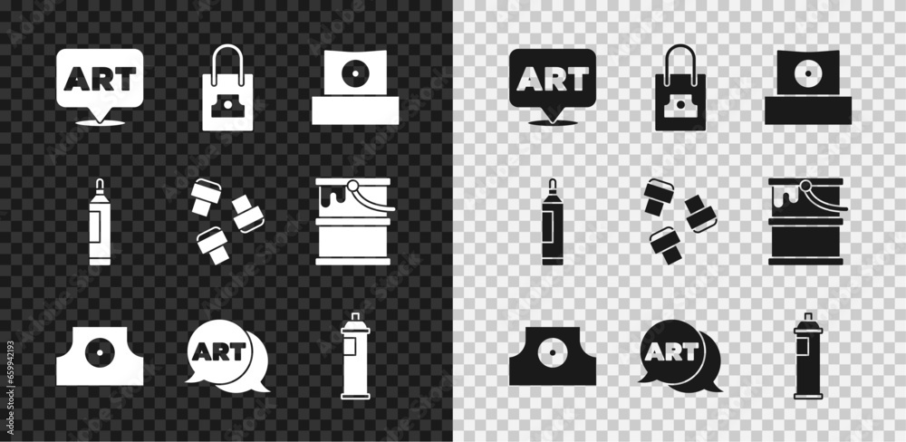 Set Speech bubble with text art, Spray can nozzle cap, Paint spray, Marker pen and attachment icon. Vector Set Speech bubble with text art, Spray can nozzle cap, Paint spray, Marker pen and attachment icon. Vector