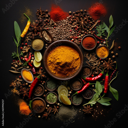 A captivating display of fresh whole spices and finely ground powders creates a vibrant spectrum of colors and flavors, ready to elevate any culinary masterpiece.