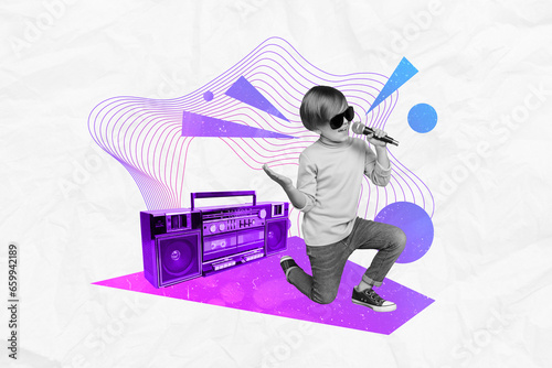 Abstract creative composite photo collage of cool boy wear sunglass sing liryc pop song in microphone isolated on drawing background