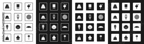 Set Ice cream in bowl, Cake, Homemade pie, Croissant and icon. Vector
