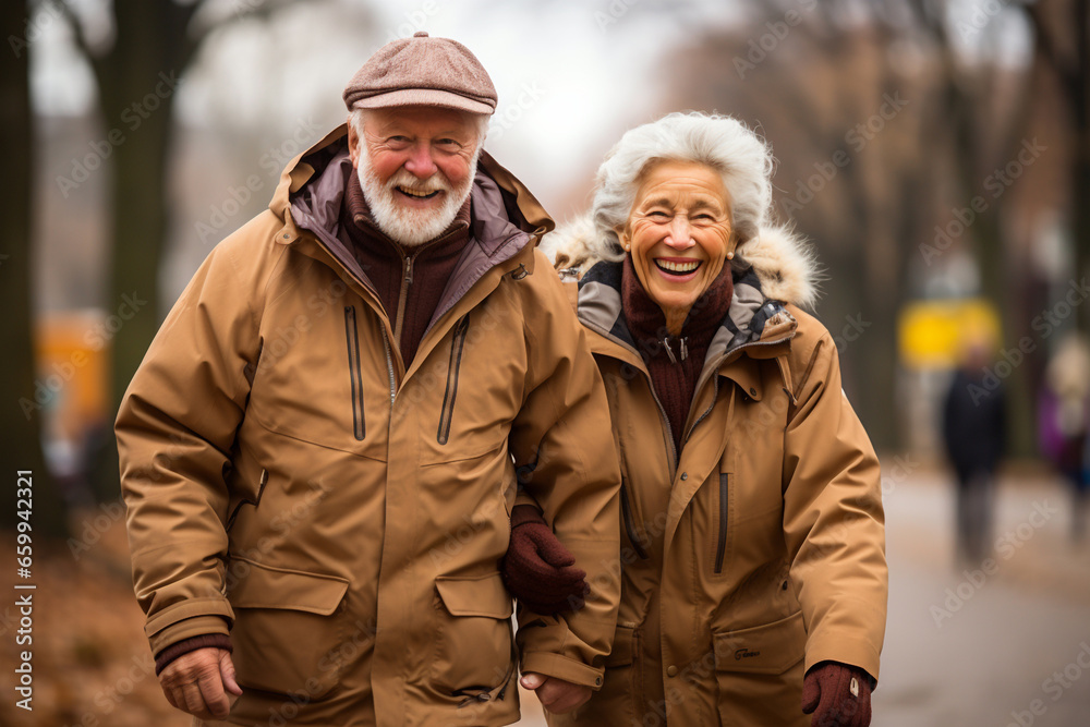 Fototapeta premium Romantic and elderly healthy lifestyle concept. Senior cheerful active smiling mature couple walks looks happy walking in the autumn park in afternoon autumn sunlight, happily retired.