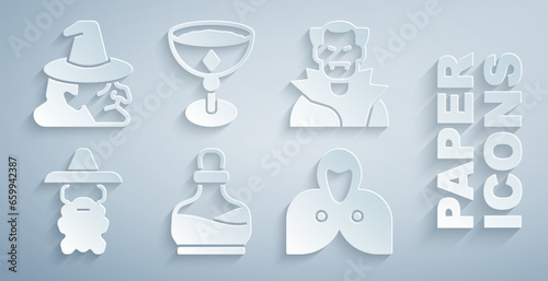 Set Bottle with potion  Vampire  Wizard warlock  Mantle  cloak  cape  Medieval goblet and Witch icon. Vector