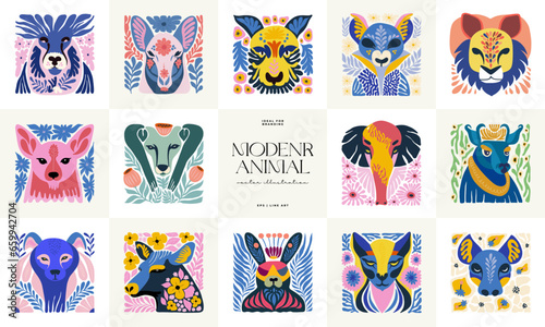 Floral and animal abstract elements. Botanical composition. Modern trendy Matisse minimal style. Kids, Child, Floral poster, invite. Vector arrangements for greeting card or invitation design.