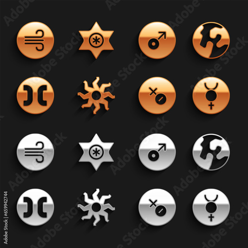 Set Sun, Earth globe, Symbol Mercury, Venus symbol, Pisces zodiac, Mars, Windy weather and Falling star icon. Vector