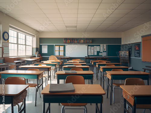 A dimly lit black classroom with minimalist furniture. AI Generation.