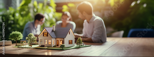 Banner of dream house model and blurred people in the background. Mortgage concept. Banner with Copy space.
