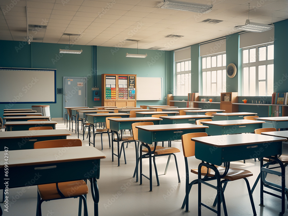 Sleek room setup in a high-tech classroom. AI Generation.