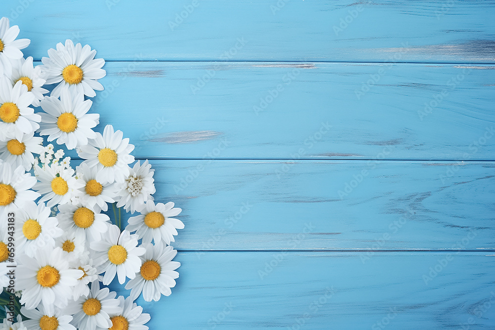 Obraz premium A bouquet of a beautiful white daisy arranged on the left side, right side of the blue wooden panel wall, the blue background, Generative AI.