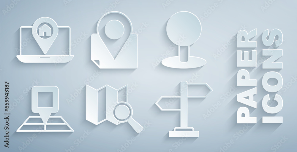 Set Search location, Push pin, Folded map with marker, Road traffic sign, and City navigation icon. Vector